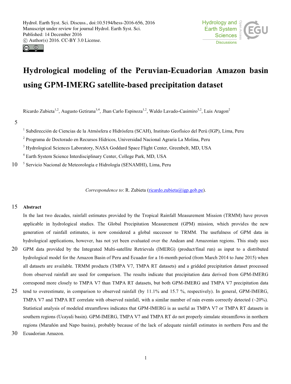 Hydrological Modeling of the Peruvian-Ecuadorian Amazon Basin Using GPM-IMERG Satellite-Based Precipitation Dataset