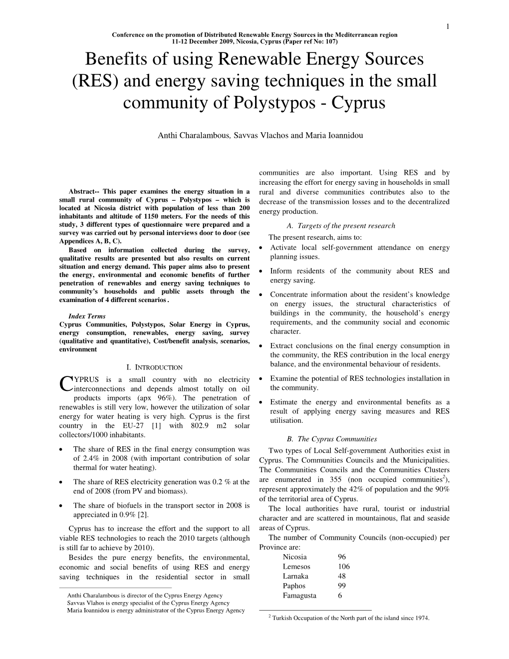 Cyprus (Paper Ref No: 107) Benefits of Using Renewable Energy Sources (RES) and Energy Saving Techniques in the Small Community of Polystypos - Cyprus