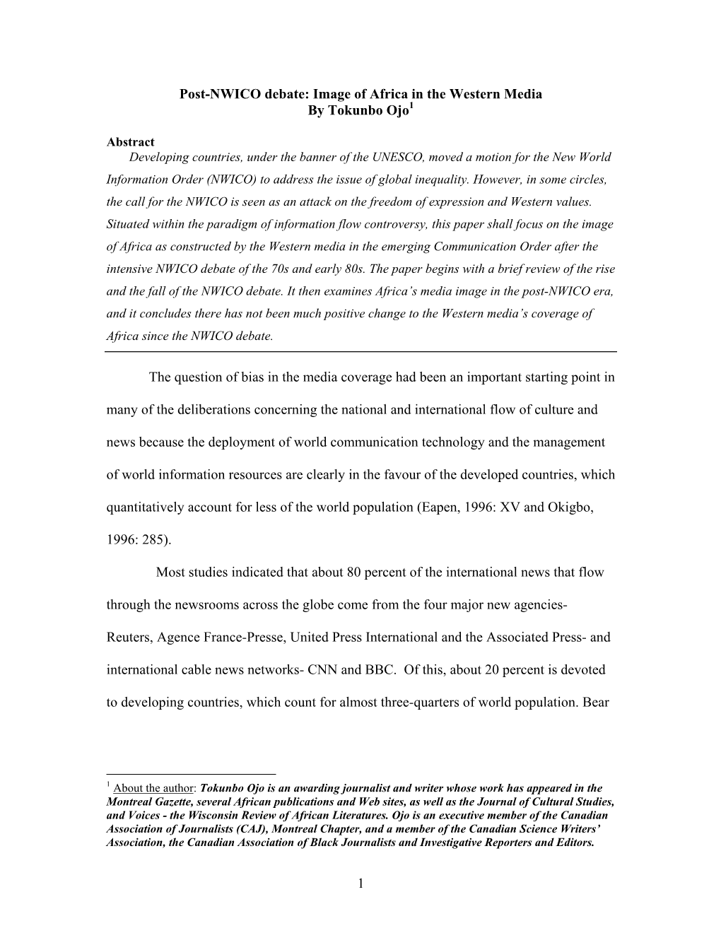 Post-NWICO Debate: Image of Africa in the Western Media by Tokunbo Ojo1