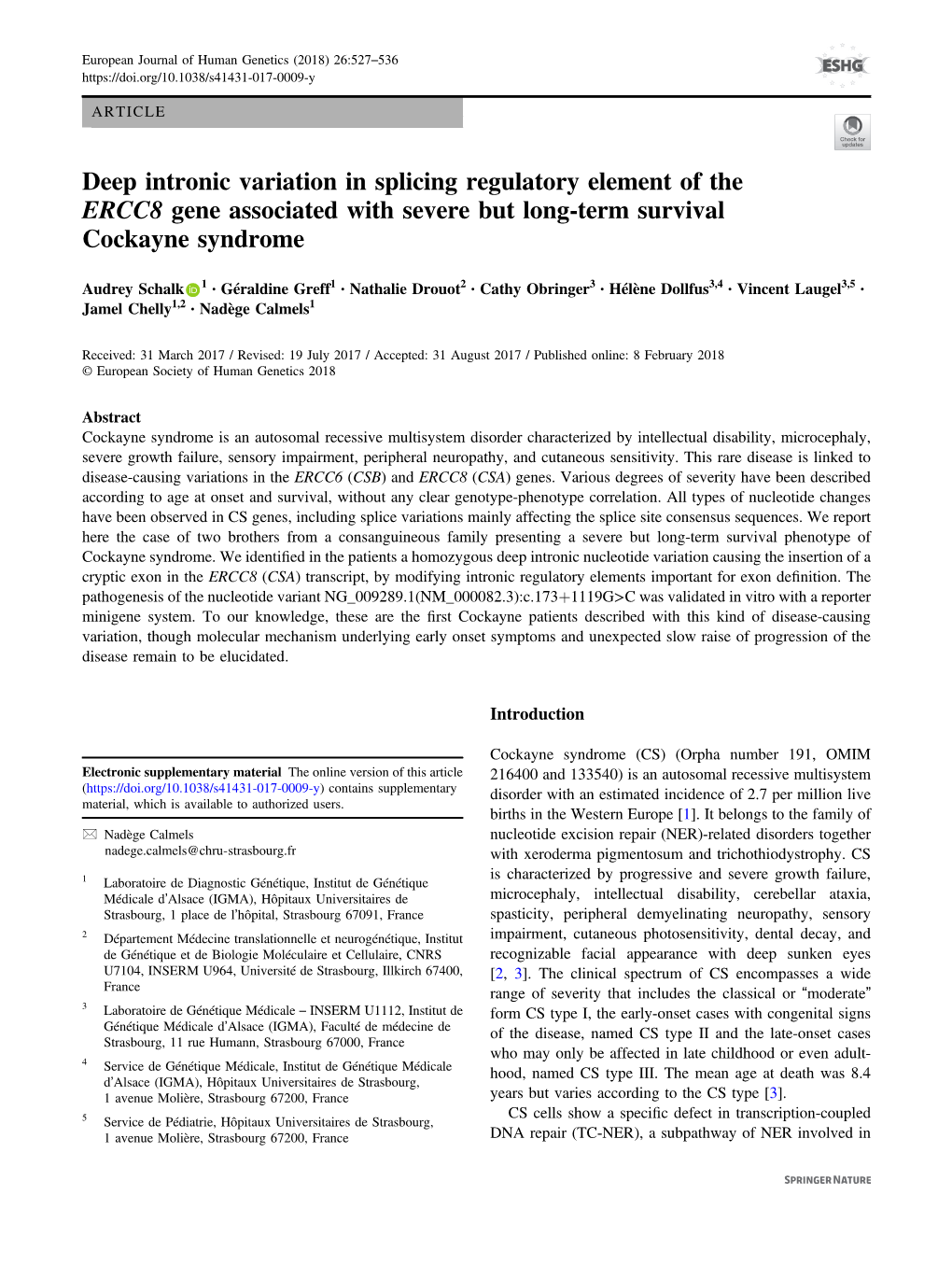 Deep Intronic Variation in Splicing Regulatory Element of the ERCC8 Gene Associated with Severe but Long-Term Survival Cockayne Syndrome