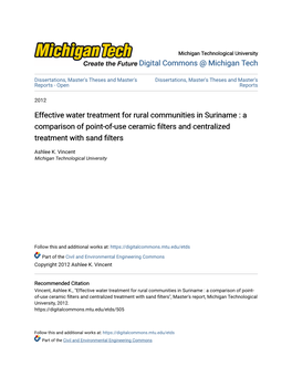 Effective Water Treatment for Rural Communities in Suriname : a Comparison of Point-Of-Use Ceramic Filters and Centralized Treatment with Sand Filters