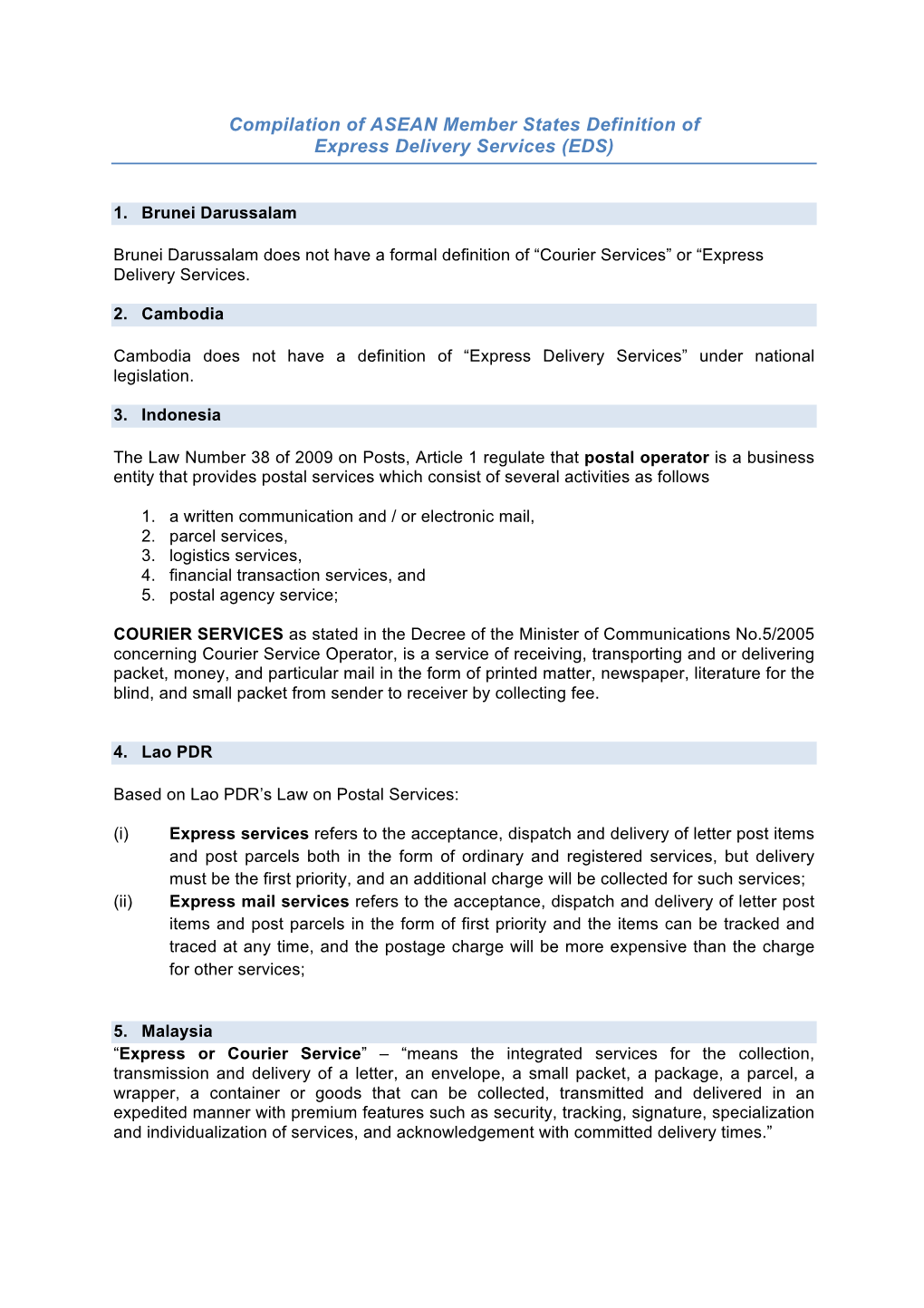 Compilation of ASEAN Member States Definition of Express Delivery