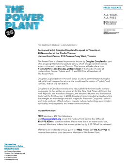 Renowned Artist Douglas Coupland to Speak in Toronto on 28 November at the Studio Theatre, Harbourfront Centre, 235 Queens Quay West, Toronto