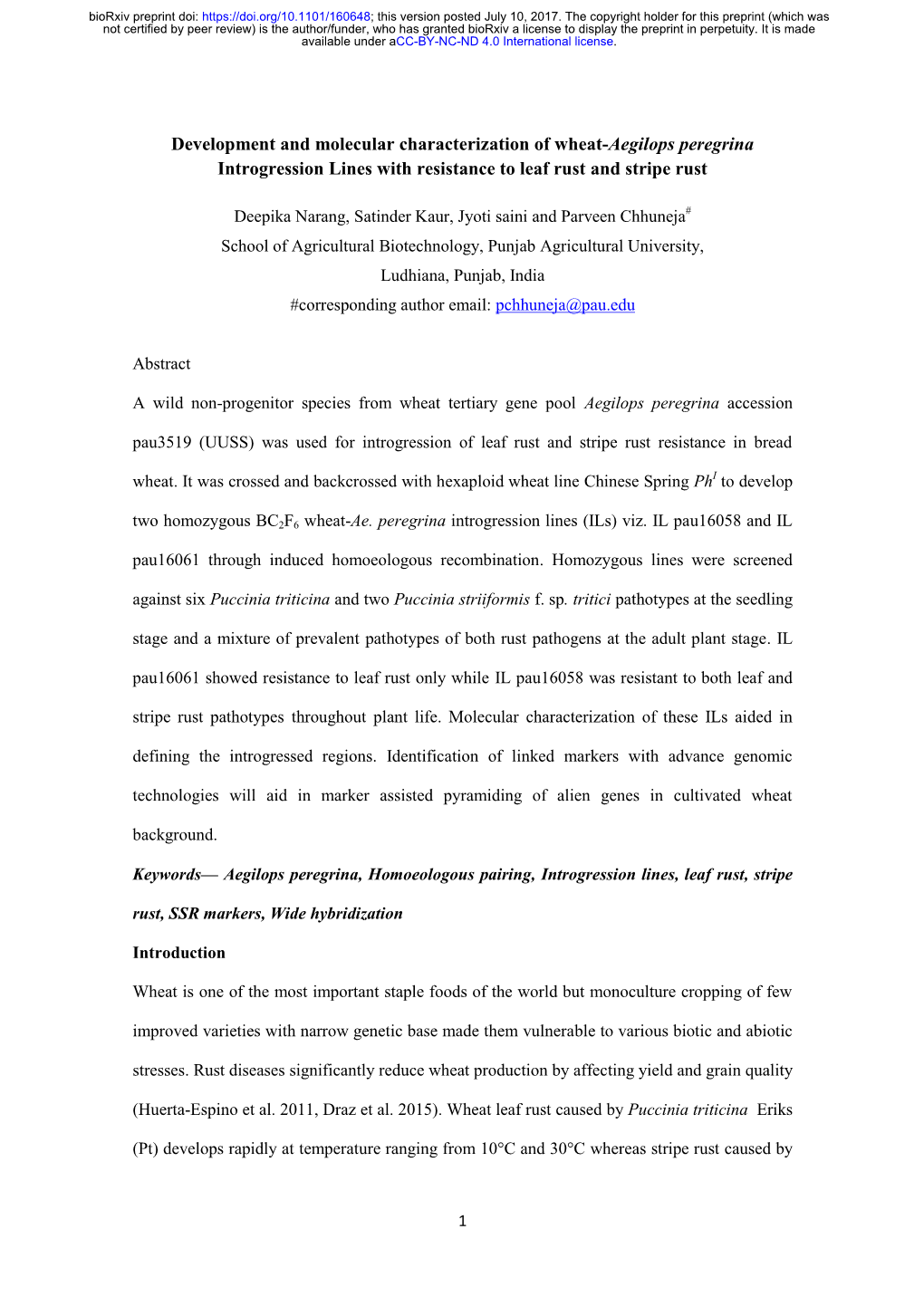 Development and Molecular Characterization of Wheat-Aegilops Peregrina Introgression Lines with Resistance to Leaf Rust and Stripe Rust