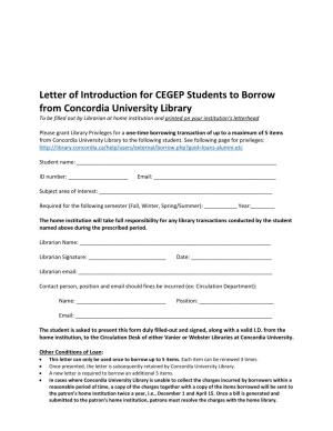 Letter of Introduction for CEGEP Students to Borrow from Concordia