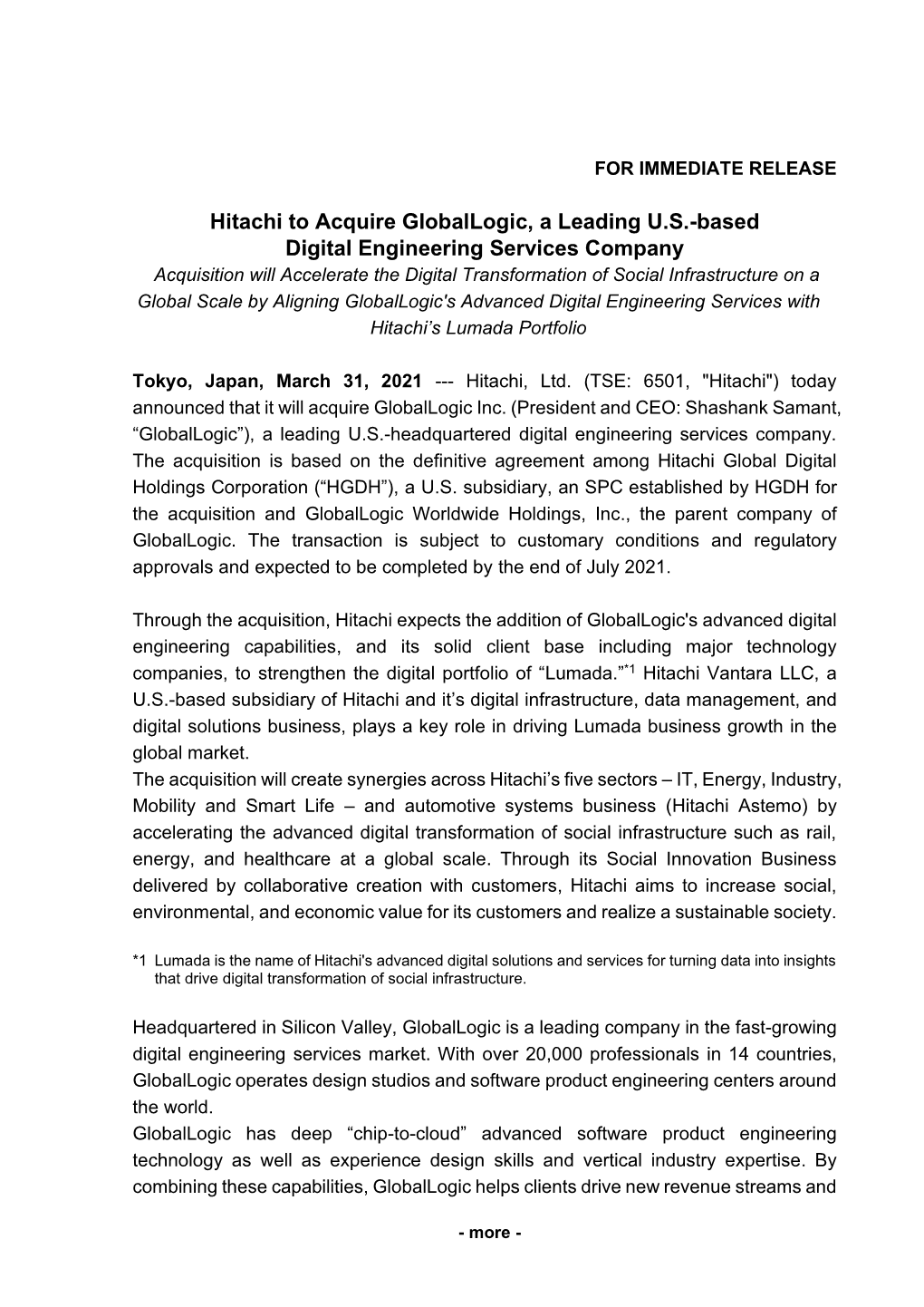 News Release: Hitachi to Acquire Globallogic, a Leading U.S.-Based