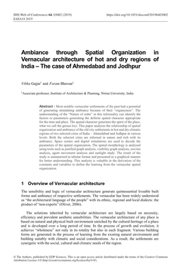 Ambiance Through Spatial Organization in Vernacular Architecture of Hot and Dry Regions of India − the Case of Ahmedabad and J