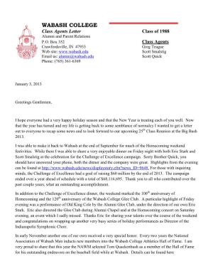 WABASH COLLEGE Class Agents Letter Class of 1988 Alumni and Parent Relations P.O