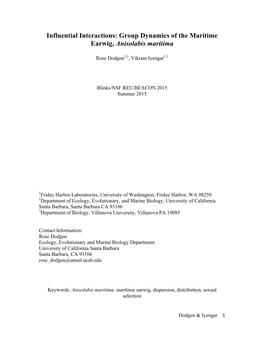 Group Dynamics of the Maritime Earwig, Anisolabis Maritima