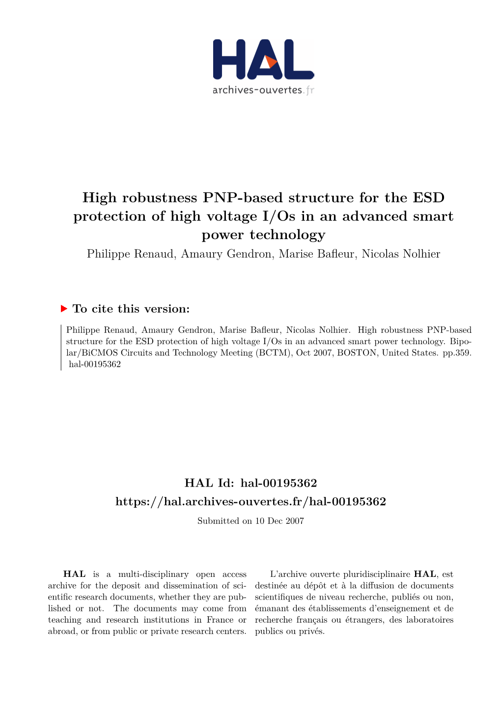High Robustness PNP-Based Structure for the ESD Protection of High