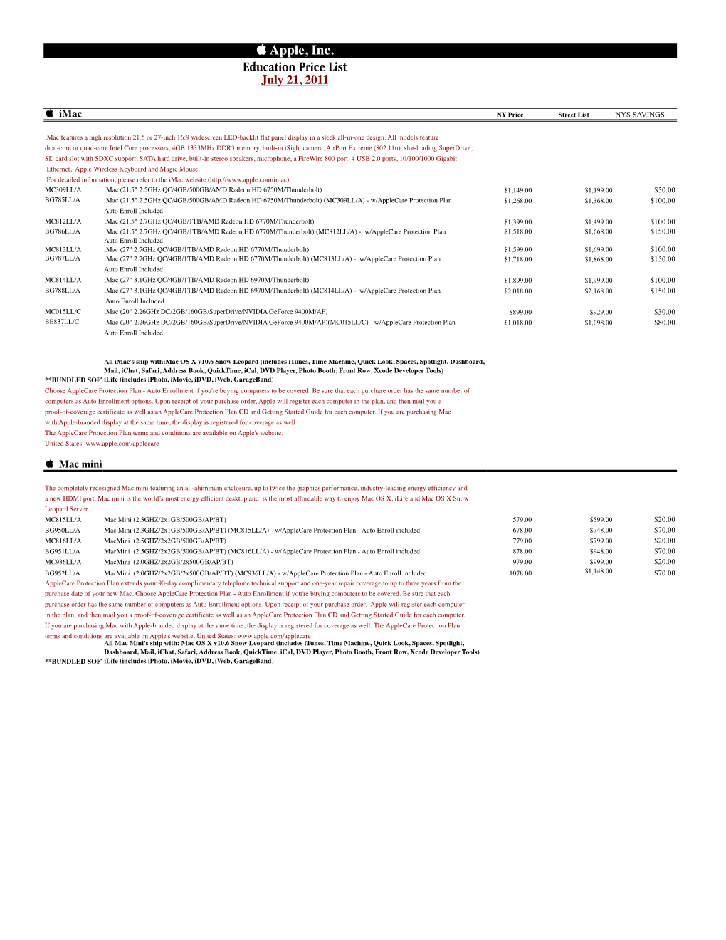 Apple, Inc. Education Price List July 21, 2011