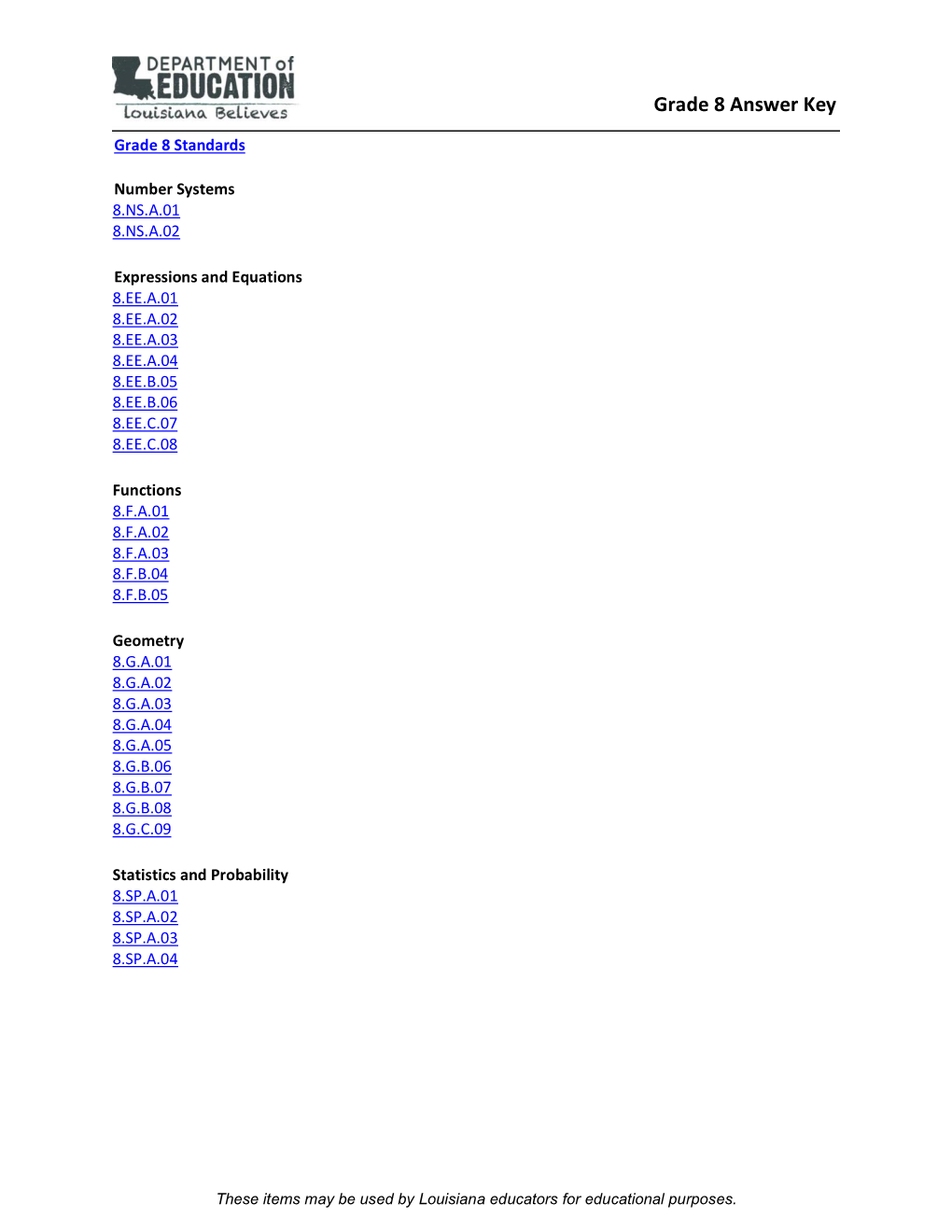 Grade 8 Answer Key