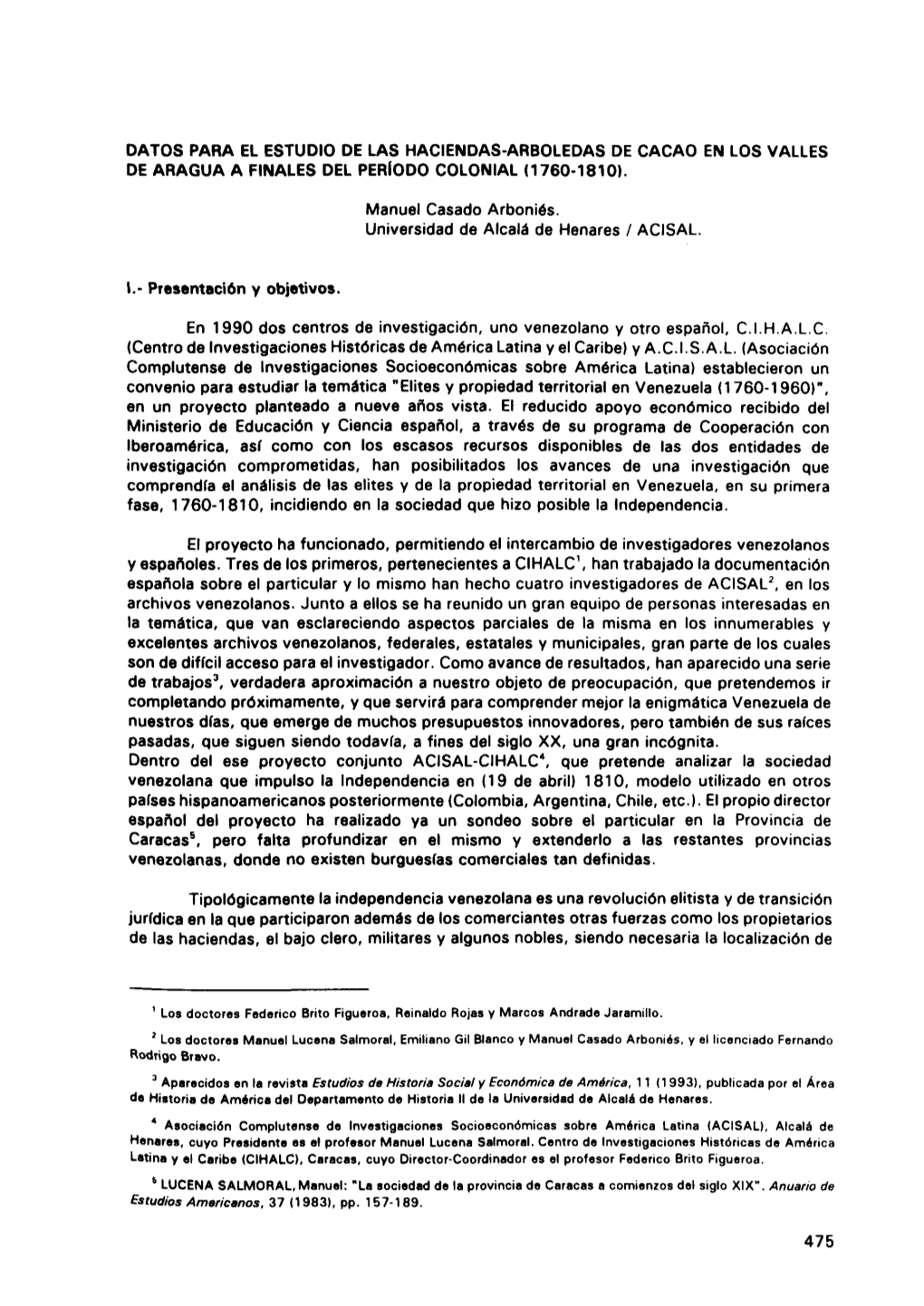 Datos Para El Estudio De Las Haciendas-Arboledas De Cacao En Los Valles De Aragua a Finales Del Período Colonial (1760-1810)