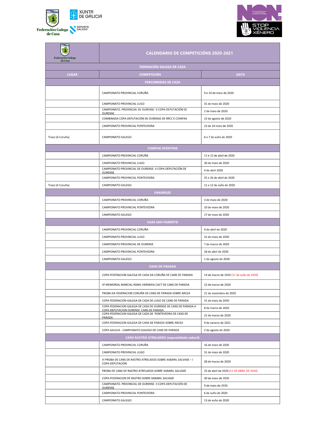 Calendario De Competicións 2020-2021