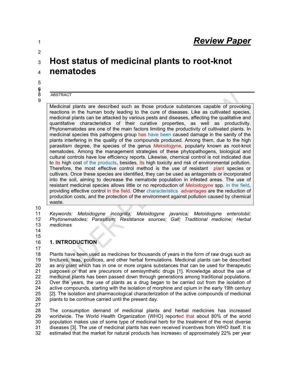 Review Paper Host Status of Medicinal Plants to Root-Knot Nematodes