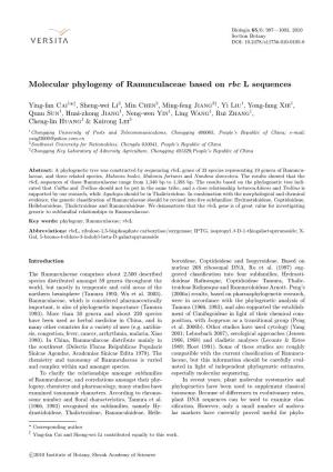 Molecular Phylogeny of Ranunculaceae Based on Rbc L Sequences