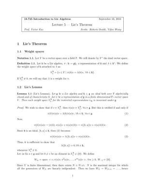 Lecture 5 — Lie's Theorem 1 Lie's Theorem