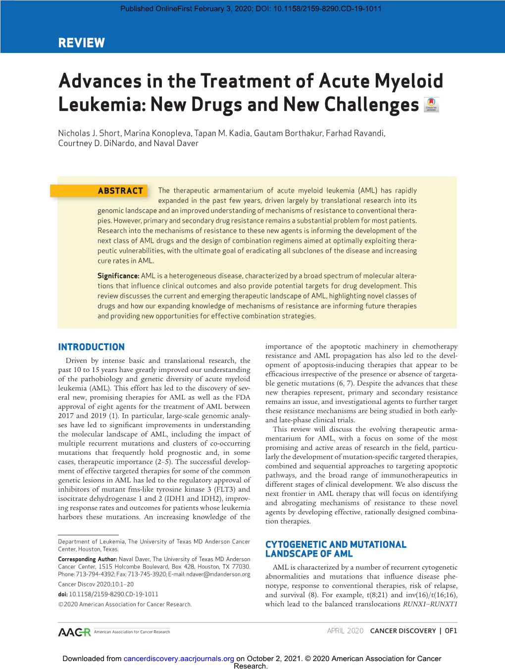 Advances in the Treatment of Acute Myeloid Leukemia: New Drugs and New Challenges