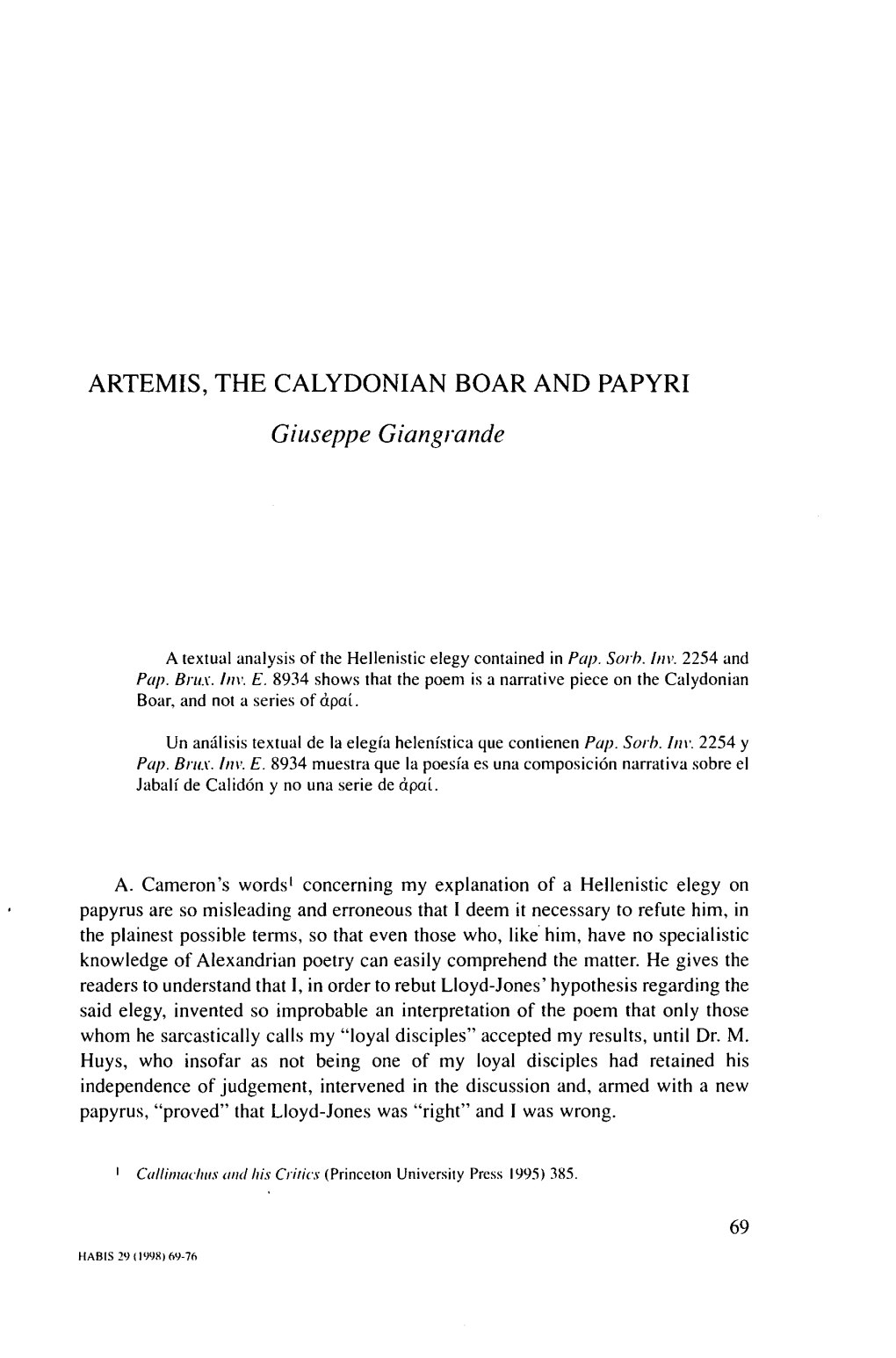 ARTEMIS, the CALYDONIAN BOAR and PAPYRI Giuseppe Gian Grande