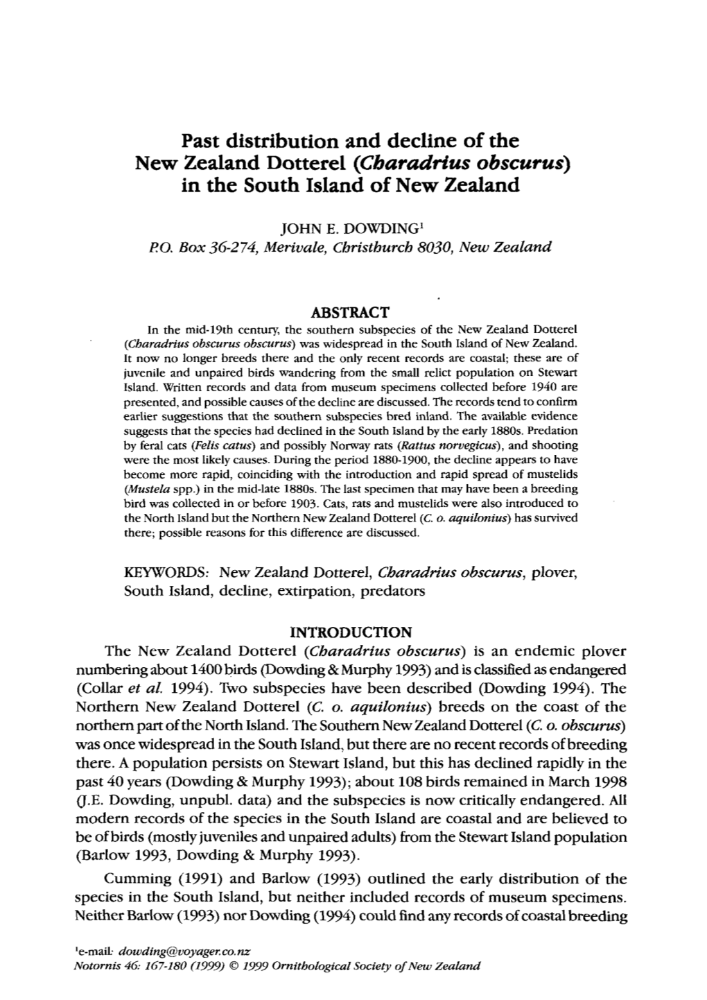 Past Distribution and Decline of the New Zealand Dotterel (Charudrius Obscurus) in the South Island of New Zealand