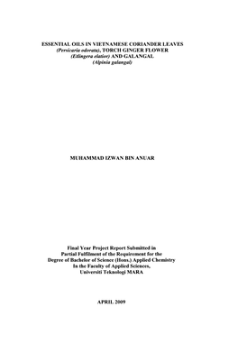 ESSENTIAL OILS in VIETNAMESE CORIANDER LEAVES (Persicaria Odorata), TORCH GINGER FLOWER (Etlingera Elatior) and GALANGAL (Alpinia Galangal)
