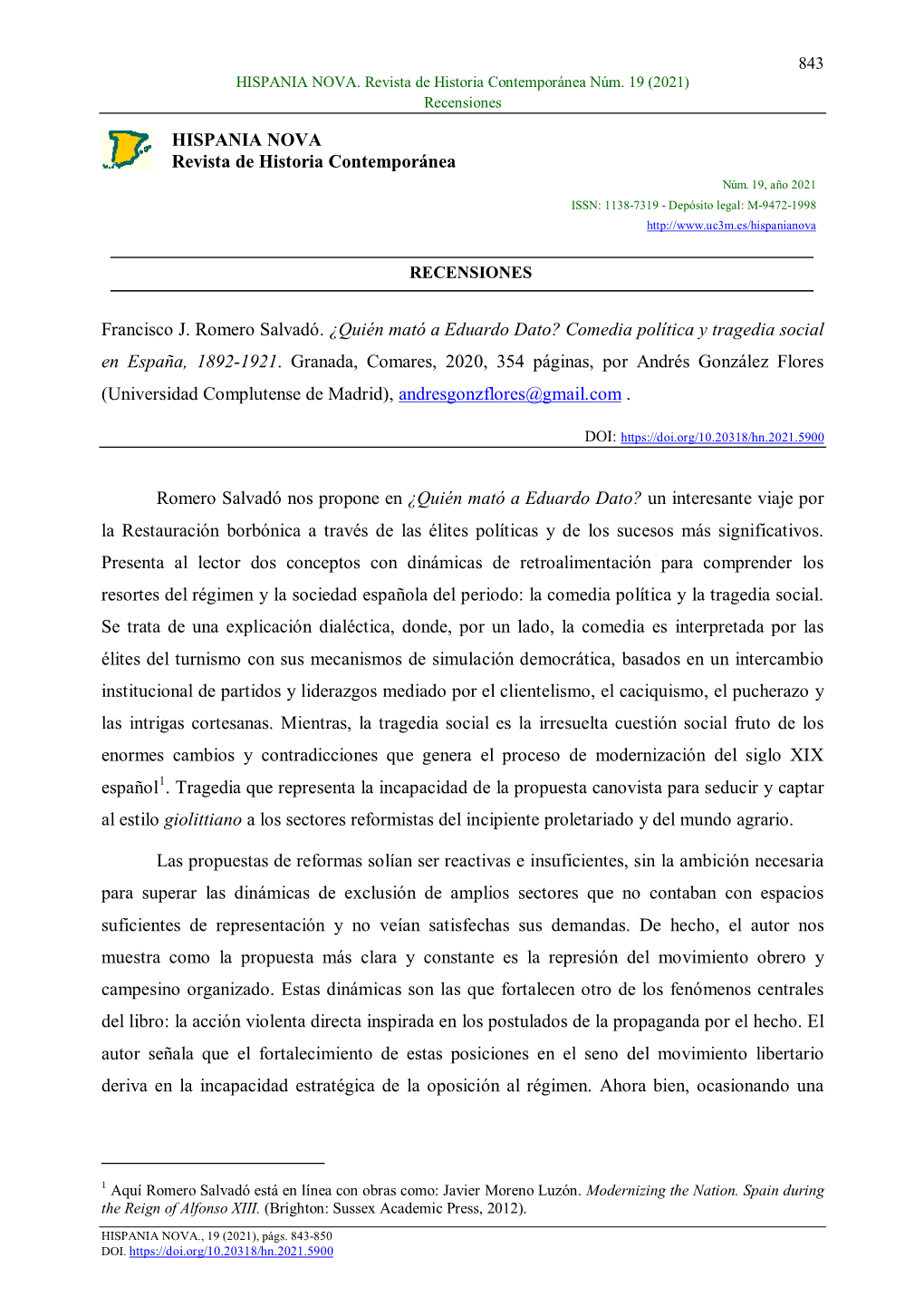 ¿Quién Mató a Eduardo Dato? Comedia Política Y Tragedia Social En España, 1892-1921