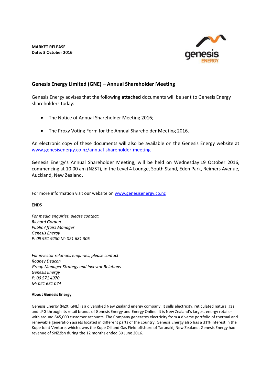 Genesis Energy Limited (GNE) – Annual Shareholder Meeting