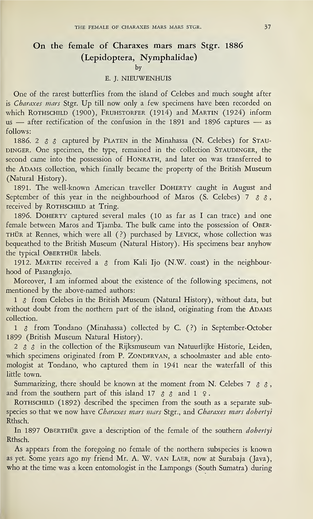 On the Female of Charaxes Mars Mars Stgr. 1886 (Lepidoptera, Nymphalidae) By