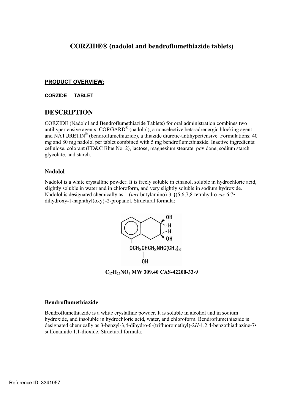 Corzide (Nadolol and Bendroflumethiazide) Tablets Label