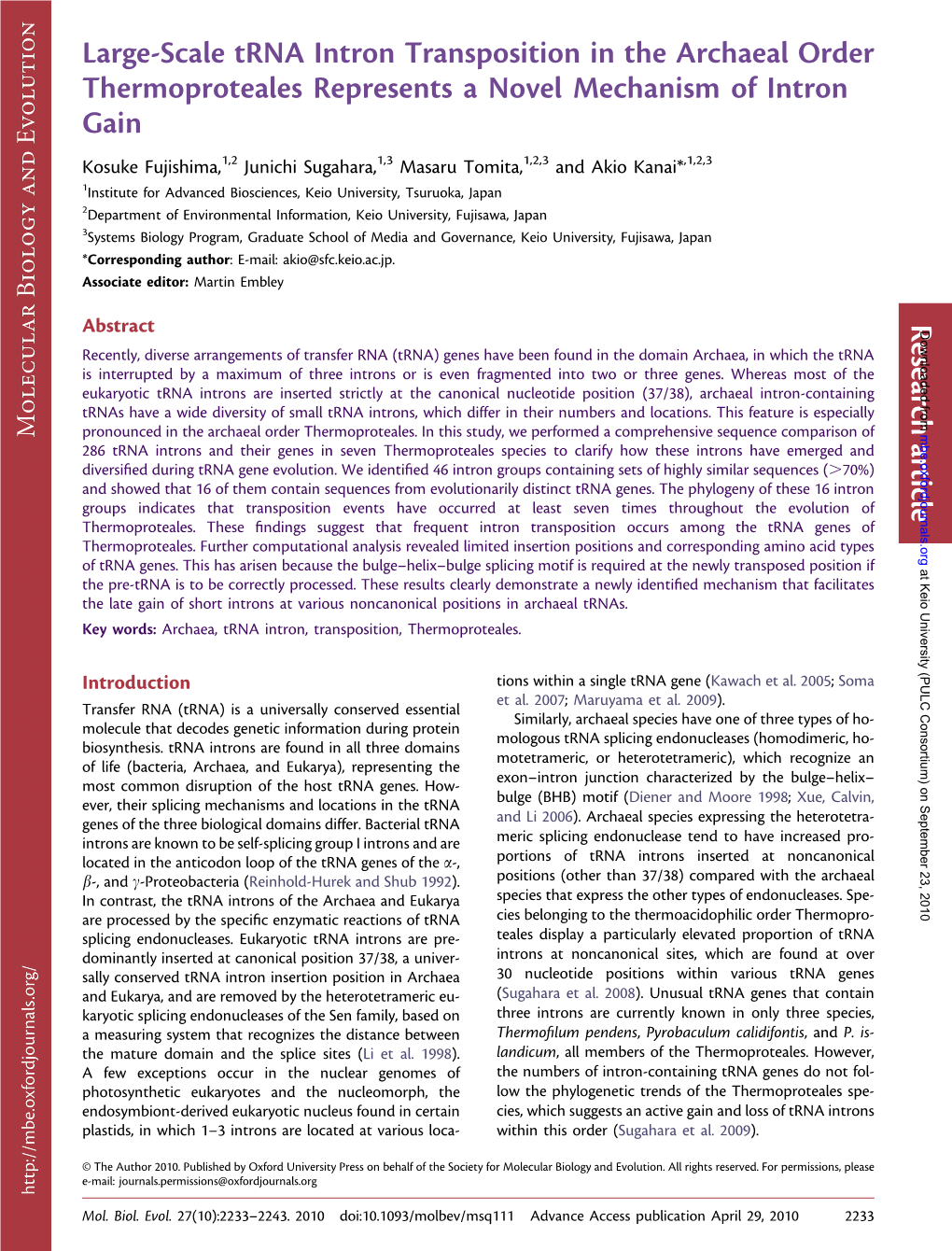 Large-Scale Trna Intron Transposition In