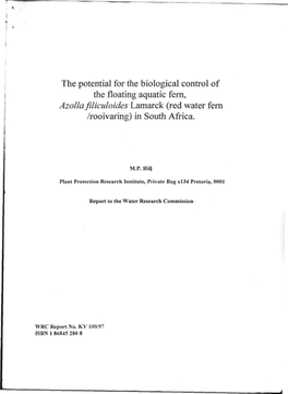 The Potential for the Biological Control of the Floating Aquatic Fern, Azolla Filiculoides Lamarck (Red Water Fern /Rooivaring) in South Africa