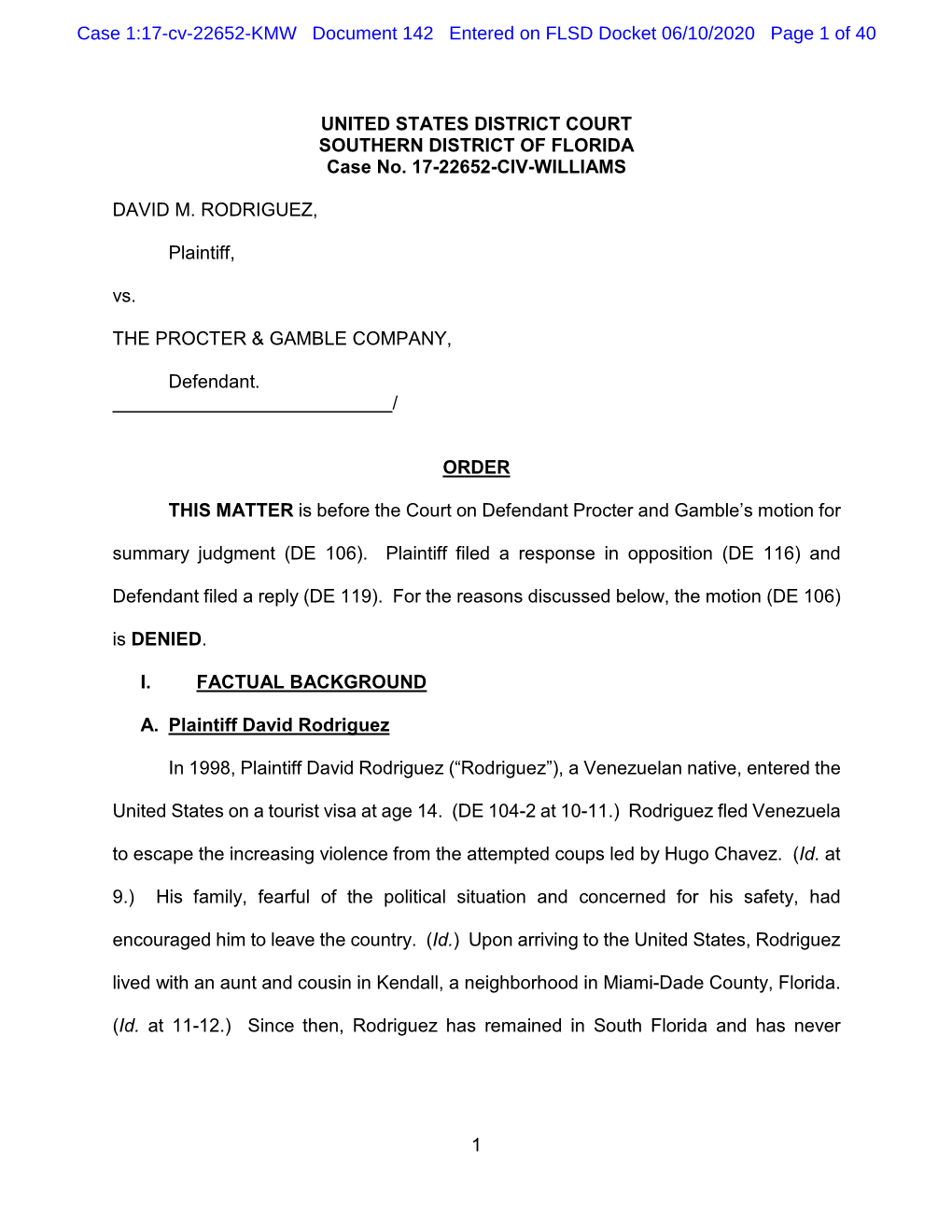 Case 1:17-Cv-22652-KMW Document 142 Entered on FLSD Docket 06/10/2020 Page 1 of 40