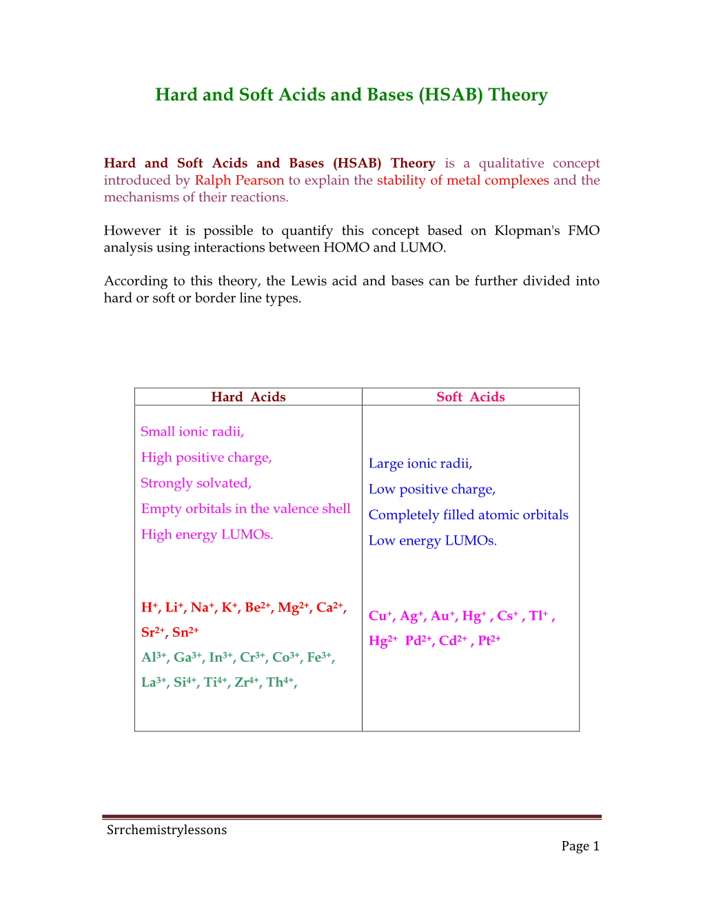 Hard and Soft Acids and Bases (HSAB) Theory