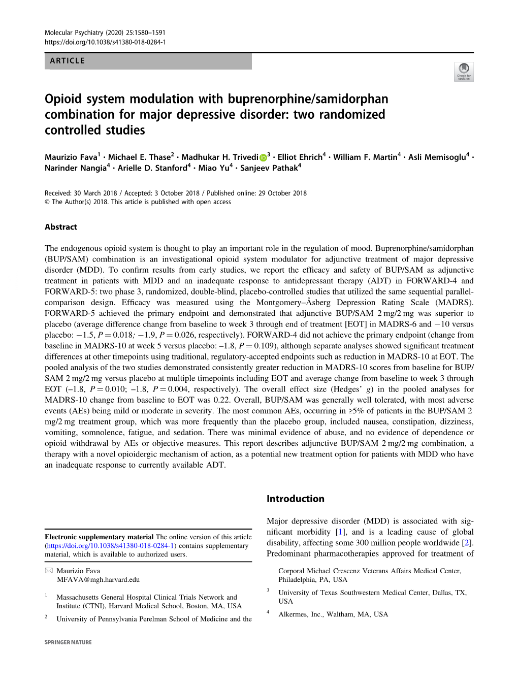 Opioid System Modulation with Buprenorphine/Samidorphan Combination for Major Depressive Disorder: Two Randomized Controlled Studies
