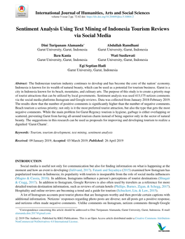 Sentiment Analysis Using Text Mining of Indonesia Tourism Reviews Via Social Media