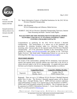 MEMORANDUM May 9, 2012 TO: Sports Information Contacts Of