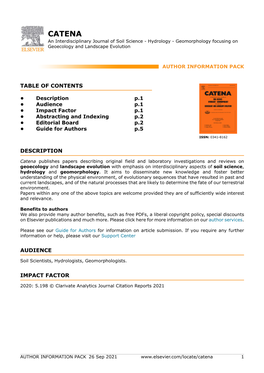 CATENA an Interdisciplinary Journal of Soil Science - Hydrology - Geomorphology Focusing on Geoecology and Landscape Evolution