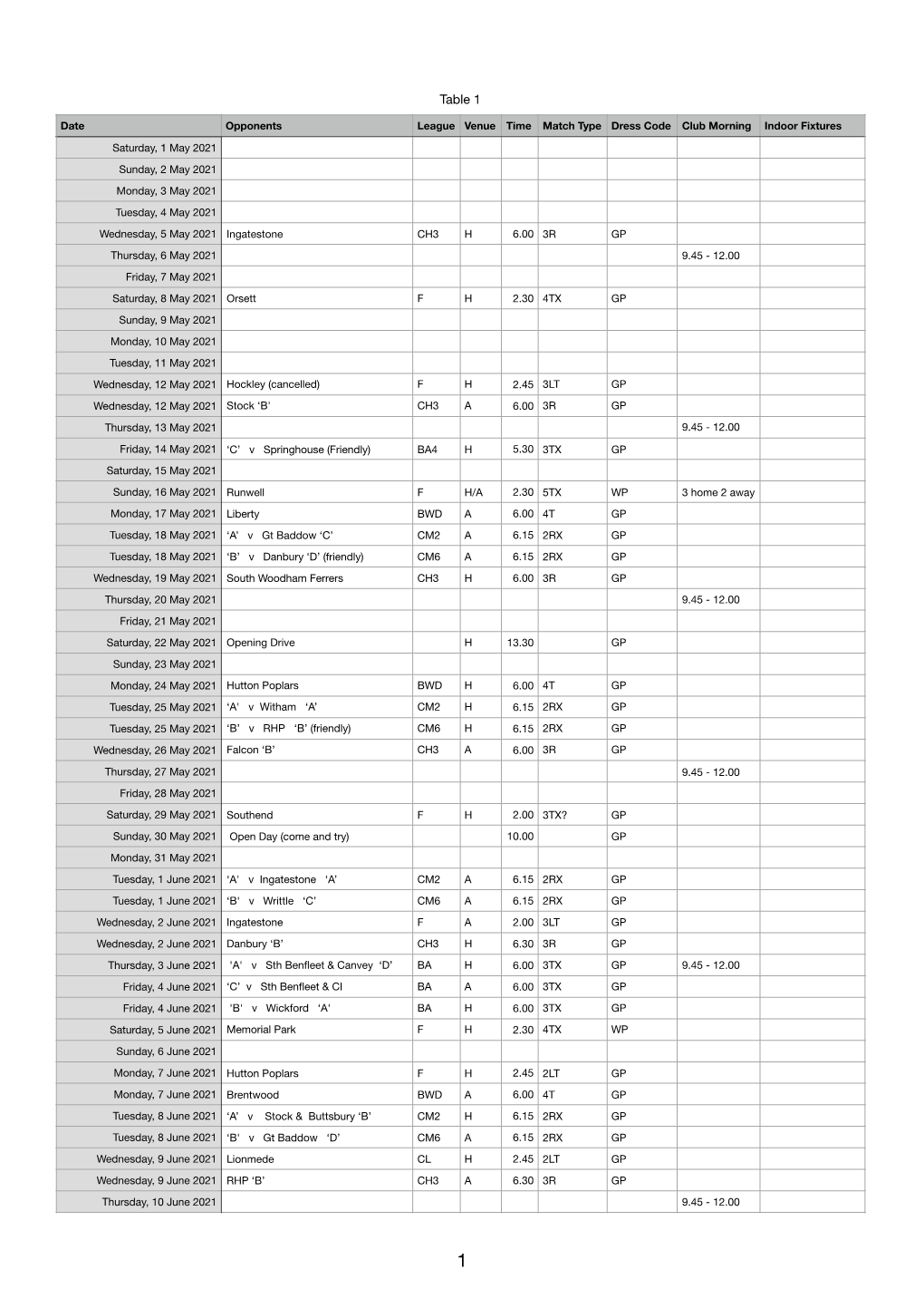 Fixture List 2021-2022