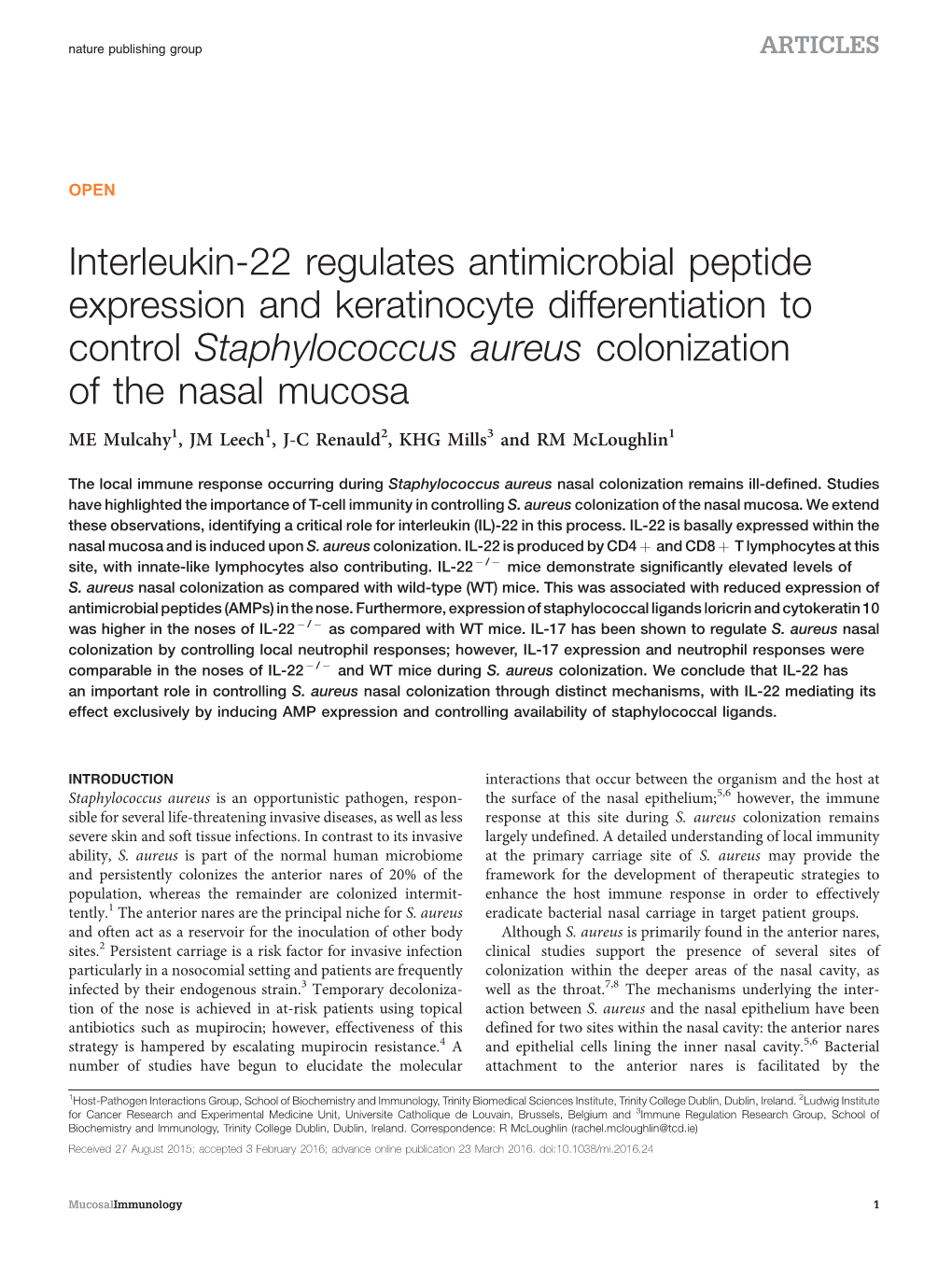 Interleukin-22 Regulates Antimicrobial Peptide Expression and Keratinocyte Differentiation to Control Staphylococcus Aureus Colonization of the Nasal Mucosa