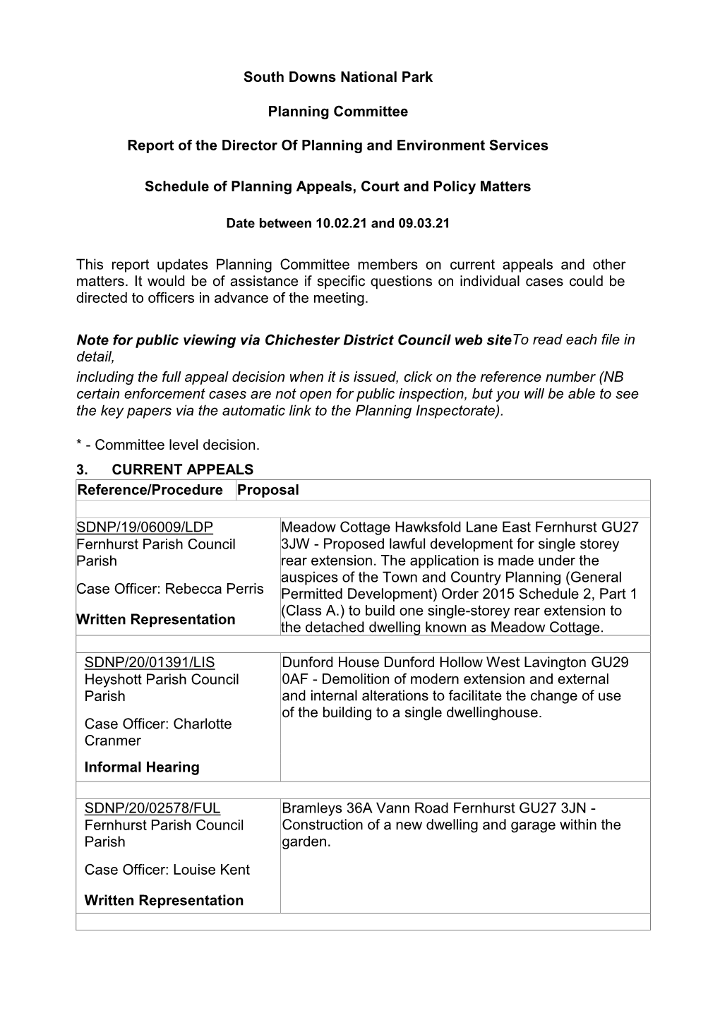 South Downs National Park Schedule of Planning Appeals, Court And