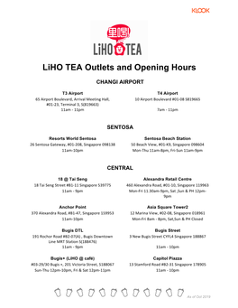 Liho TEA Outlets and Opening Hours