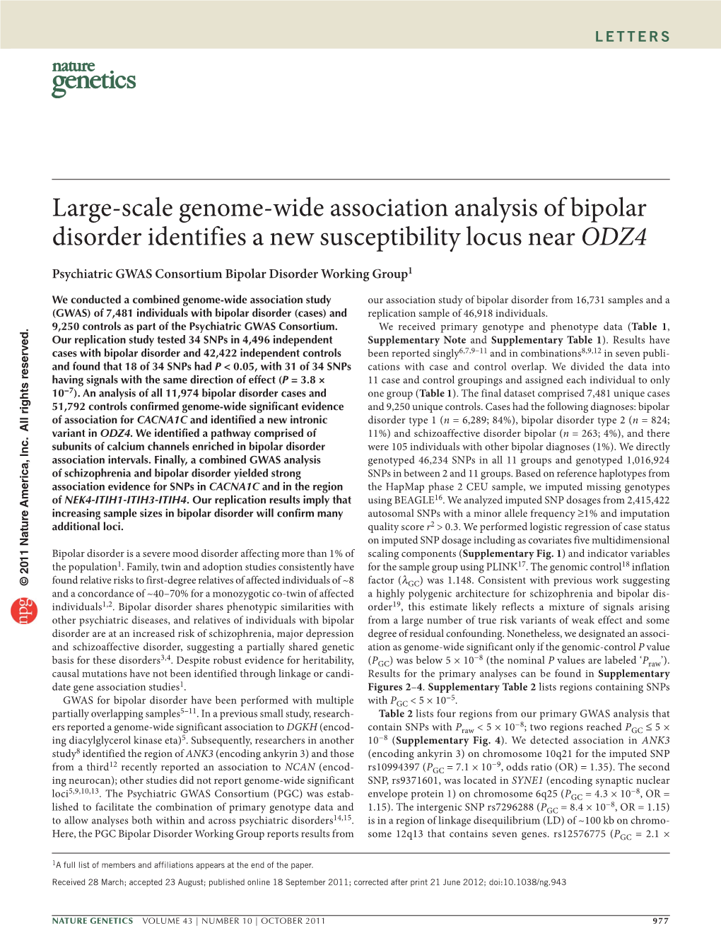 Large-Scale Genome-Wide Association Analysis of Bipolar Disorder Identifies a New Susceptibility Locus Near ODZ4