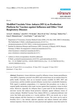Modified Vaccinia Virus Ankara (MVA) As Production Platform for Vaccines Against Influenza and Other Viral Respiratory Diseases