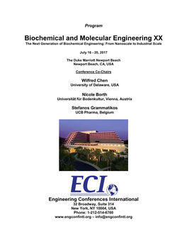Biochemical and Molecular Engineering XX the Next Generation of Biochemical Engineering: from Nanoscale to Industrial Scale