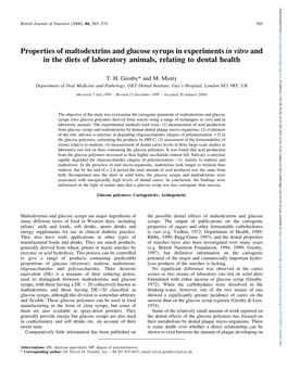 Properties of Maltodextrins and Glucose Syrups in Experiments in Vitro and in the Diets of Laboratory Animals, Relating to Dental Health