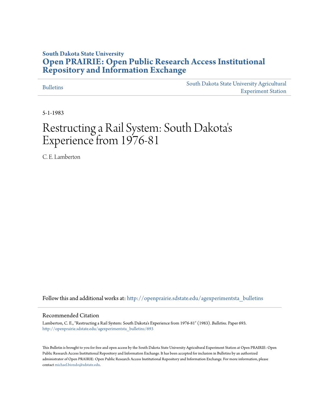 Restructing a Rail System: South Dakota's Experience from 1976-81 C