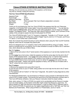 13Mm ETHOS EYEPIECE INSTRUCTIONS Warning: Do Not Unscrew Any Sections of the Eyepiece, As the Lenses May Fall Out, Thereby Voiding the Warranty