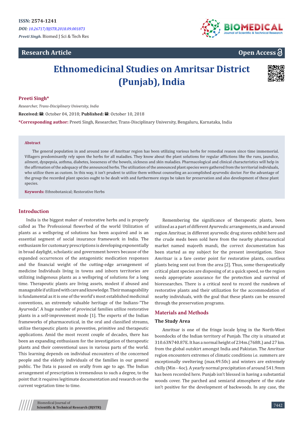 Ethnomedicinal Studies on Amritsar District (Punjab), India