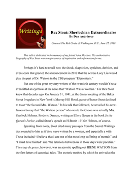 Rex Stout: Sherlockian Extraordinaire by Dan Andriacco