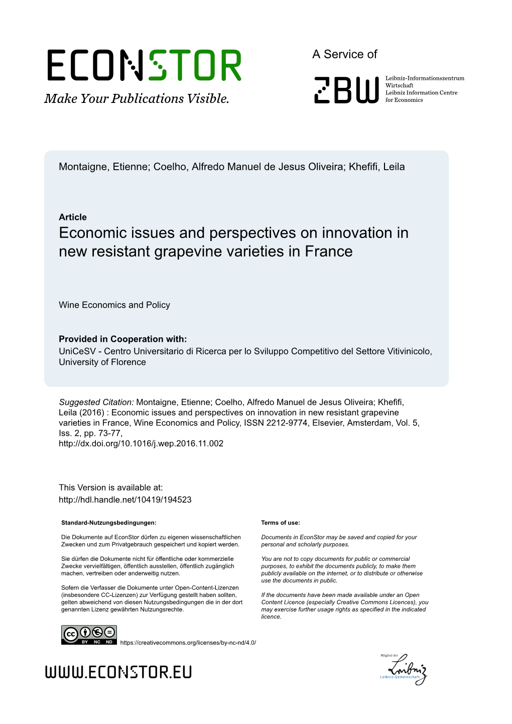 Economic Issues and Perspectives on Innovation in New Resistant Grapevine Varieties in France